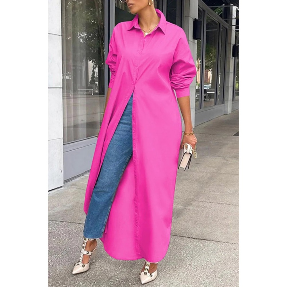 Hot Pink Maxi Button Down Shirt Dress Long Sleeve Duster XXL Vibrant Barbiecore